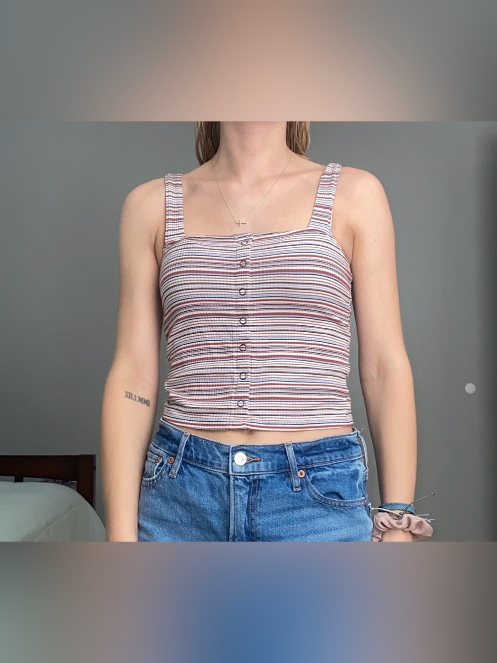 American Eagle Outfitters Striped Ribbed Button-Front Tank - Pink, Brown, Cream